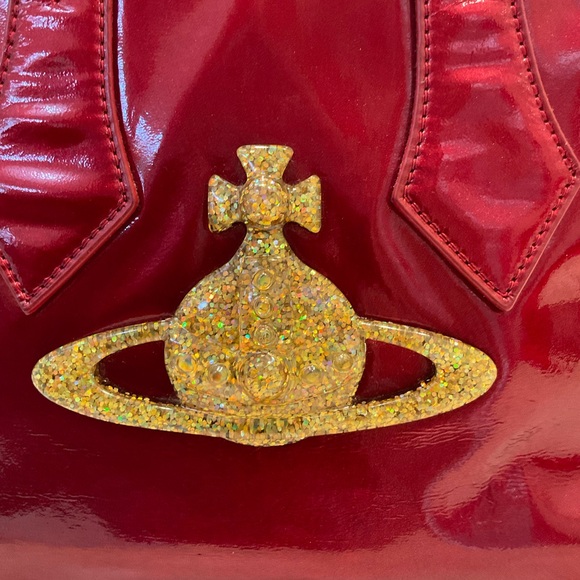 Vivienne Westwood Jasmine Red Patent Leather Handbag with Gold Glitter Detail - Picture 3 of 16